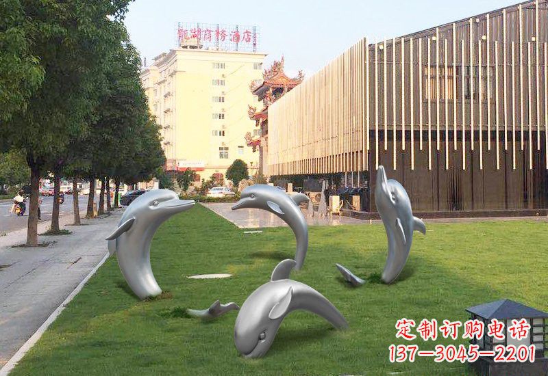 青岛不锈钢草地海豚雕塑