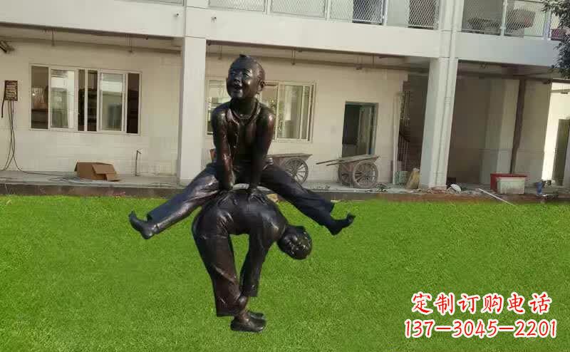 青岛卡通青少年跳马铜雕塑