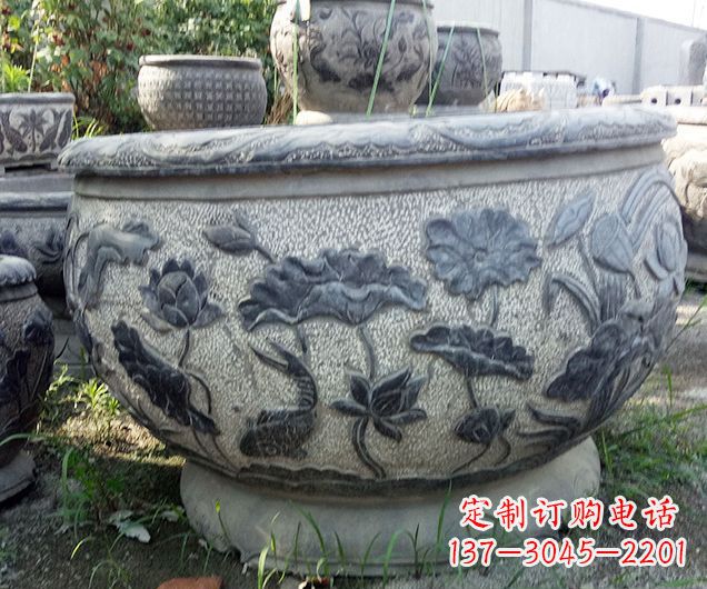 青岛中领雕塑仿古荷花石浮雕水缸