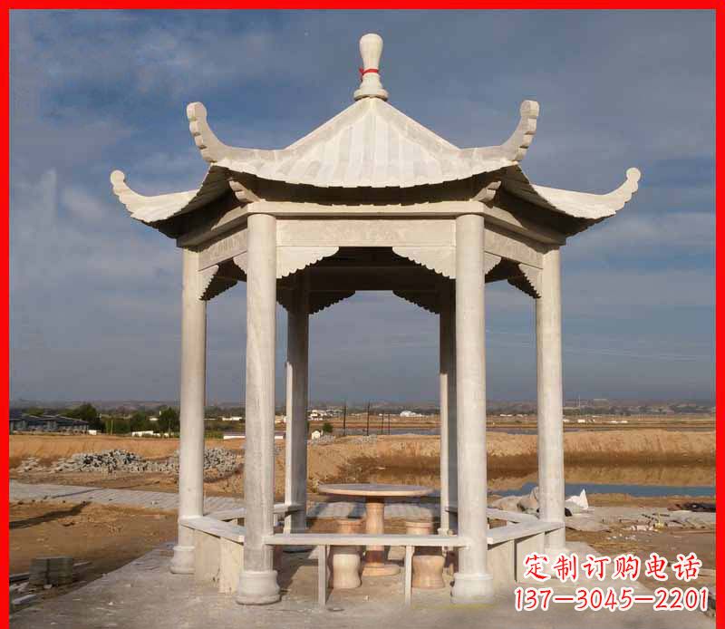 青岛公园大理石六角石雕凉亭 (2)