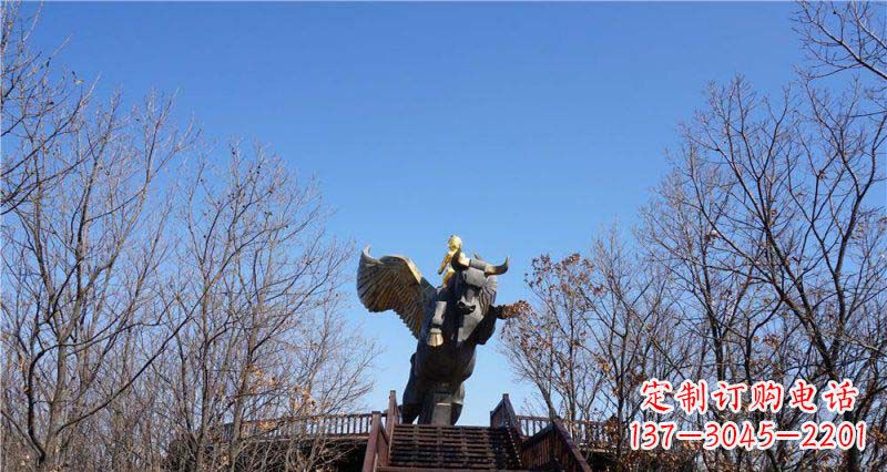青岛精美铜雕雕塑——可爱小男孩站在飞牛上