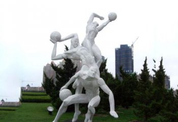 青岛公园体育运动不锈钢网格打篮球人物雕塑