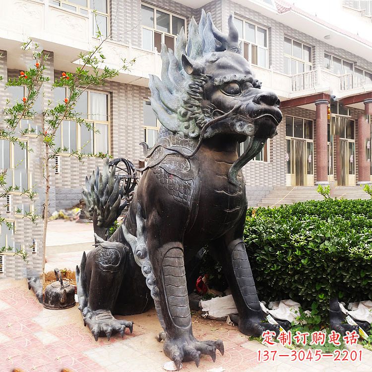青岛古铜色镇宅铜麒麟雕塑,精美绝伦!