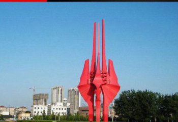 青岛广场红色不锈钢树叶雕塑