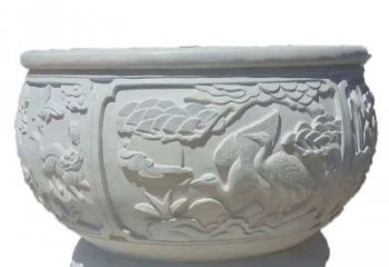 青岛汉白玉松鹤延年浮雕水缸，带给您无尽的岁月美景