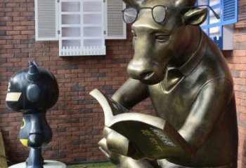 青岛看书的牛卡通动物铜雕：艺术品级的制作品质