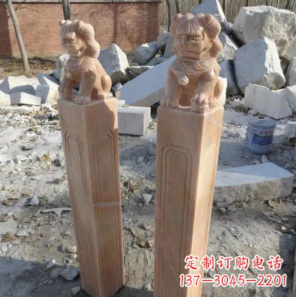 青岛晚霞红狮子拴马桩