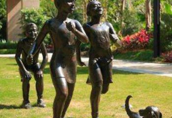 青岛宁夏中领雕塑推出的儿童铜雕跑步遛狗，一款…