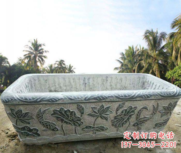 青岛长方形连年有余荷花浮雕石水缸