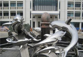 青岛校园不锈钢海豚海浪雕塑
