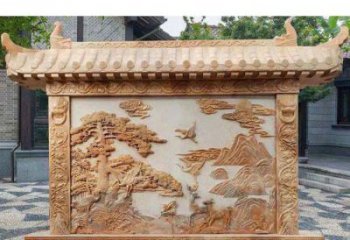 青岛园林景观晚霞红松鹤石浮雕影壁