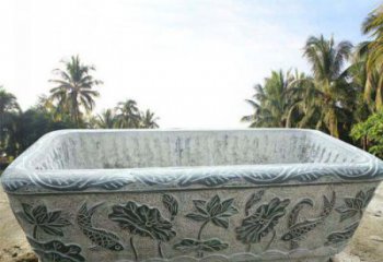 青岛长方形连年有余荷花浮雕石水缸