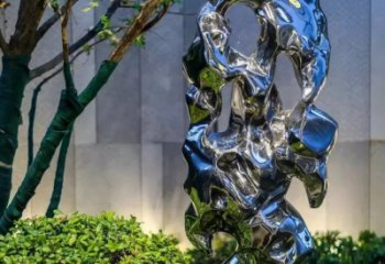 青岛太湖石雕塑-园林景观不锈钢镜面抽象太湖石雕塑